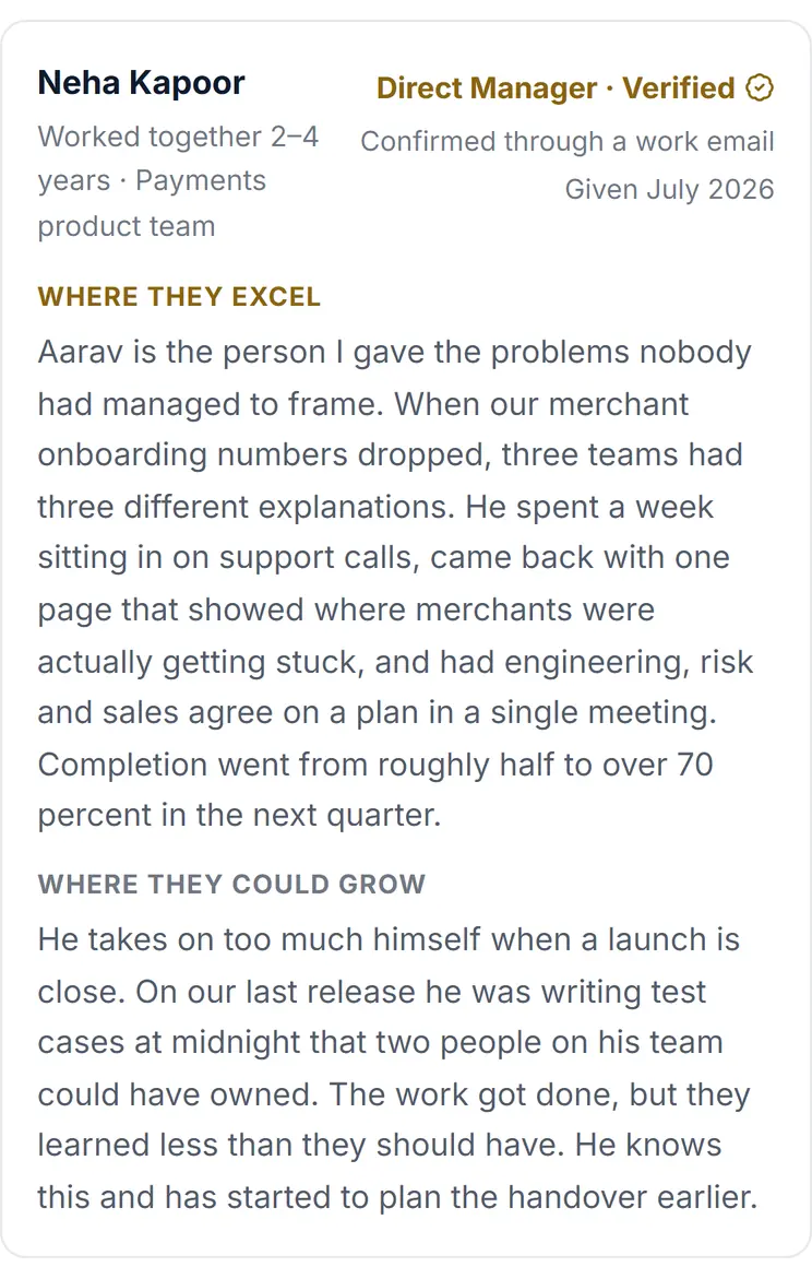 A referee's answer as it appears in the app: Neha Kapoor, Direct Manager, on where Aarav excels and where he could grow.