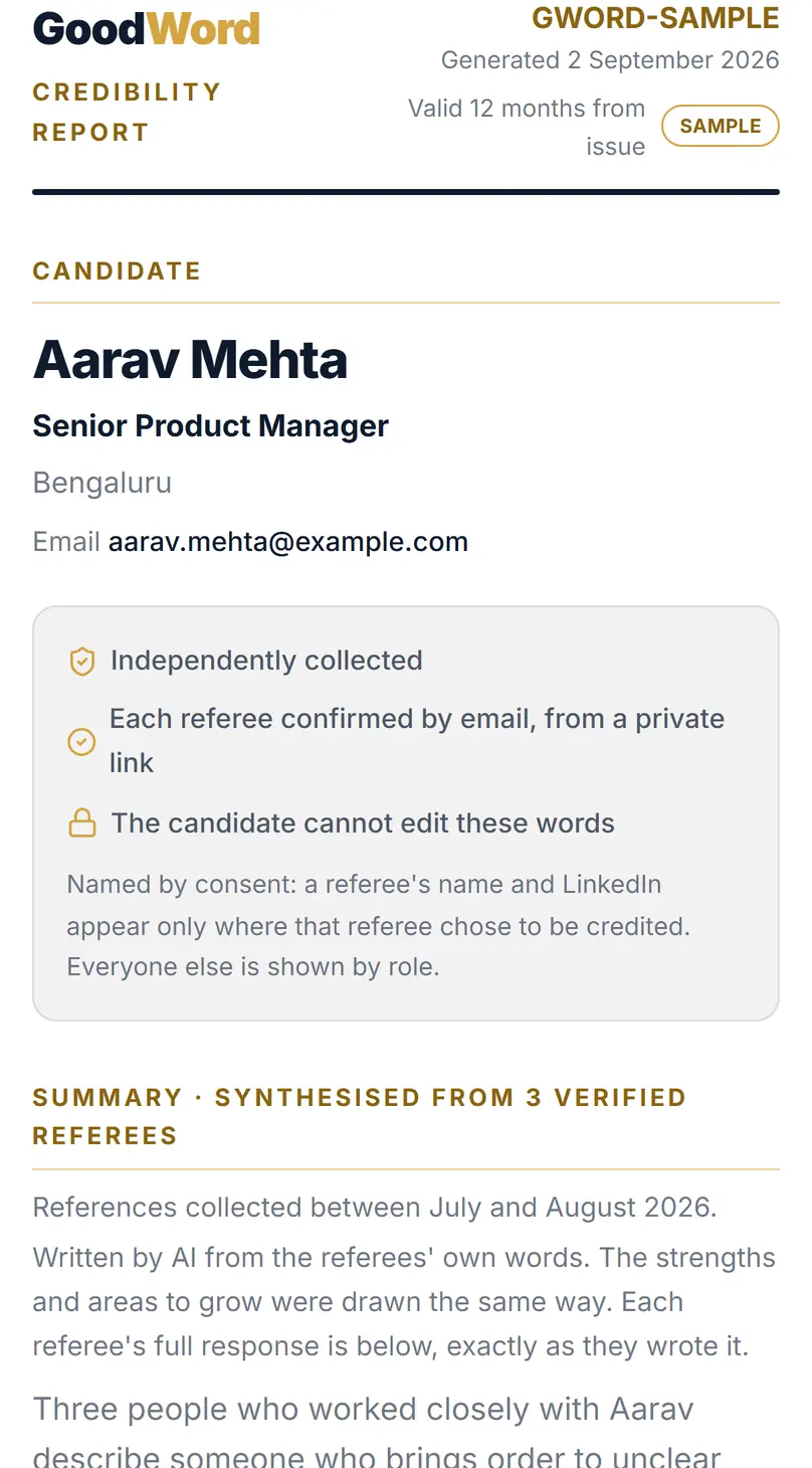 The opening of a GoodWord report in the app: Aarav Mehta, the checks on each reference and the summary written from the referees' words. A sample.